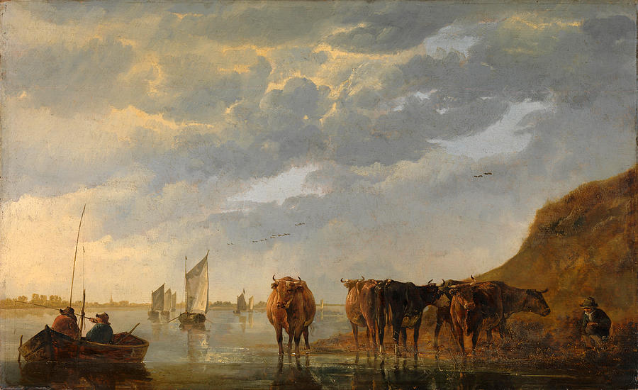 A Herdsman with Five Cows by a River Painting by Aelbert Cuyp