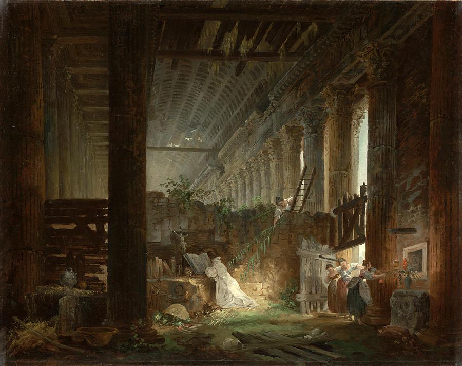 Hubert Robert Painting - A Hermit Praying in the Ruins of a Roman Temple by Hubert Robert