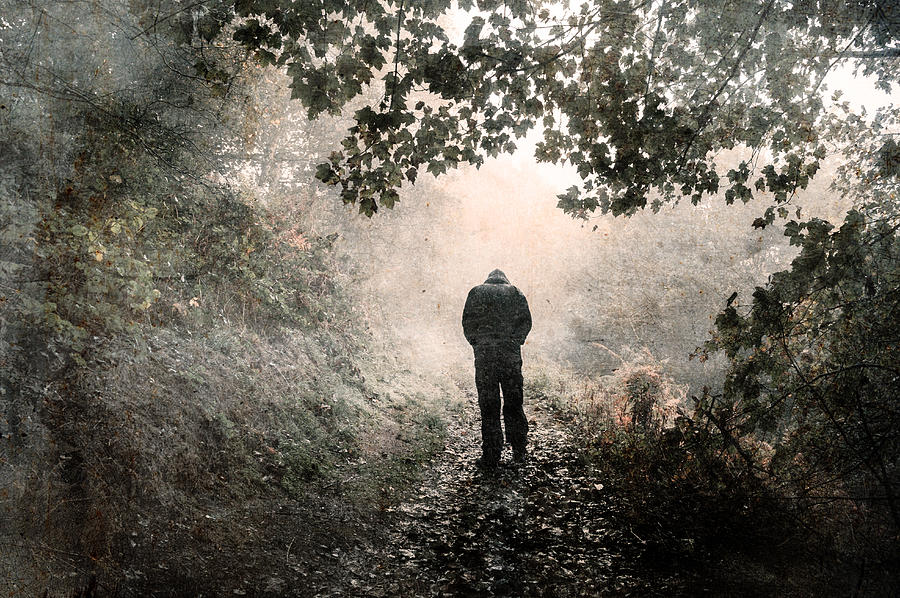 A hooded figure walking away from the camera on a misty woodland path with shoulders hunched and looking down. With a grunge, vintage edit Photograph by David Wall