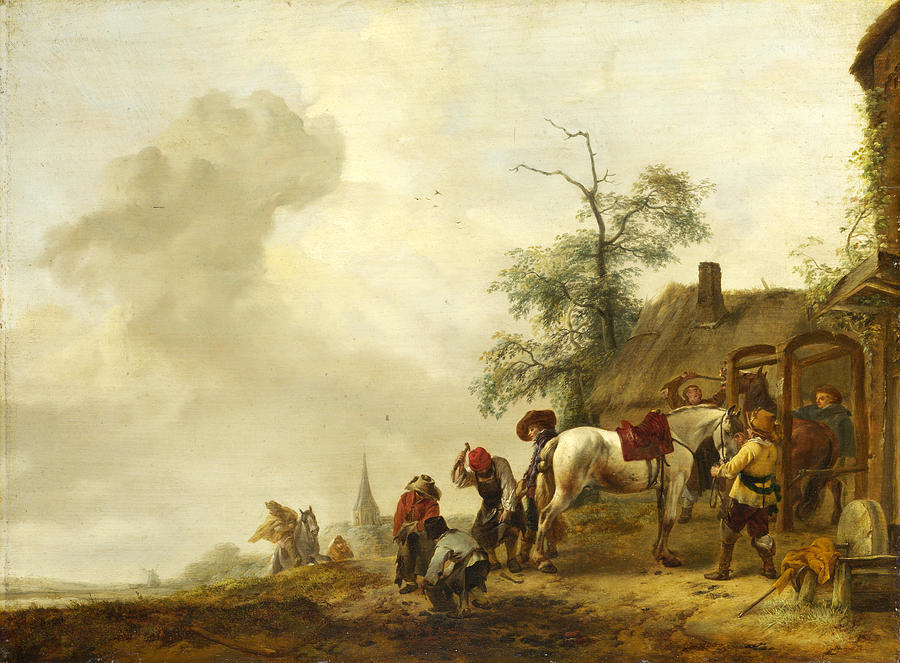 Philips Wouwerman Painting - A Horse being Shod outside a Village Smithy by Philips Wouwerman