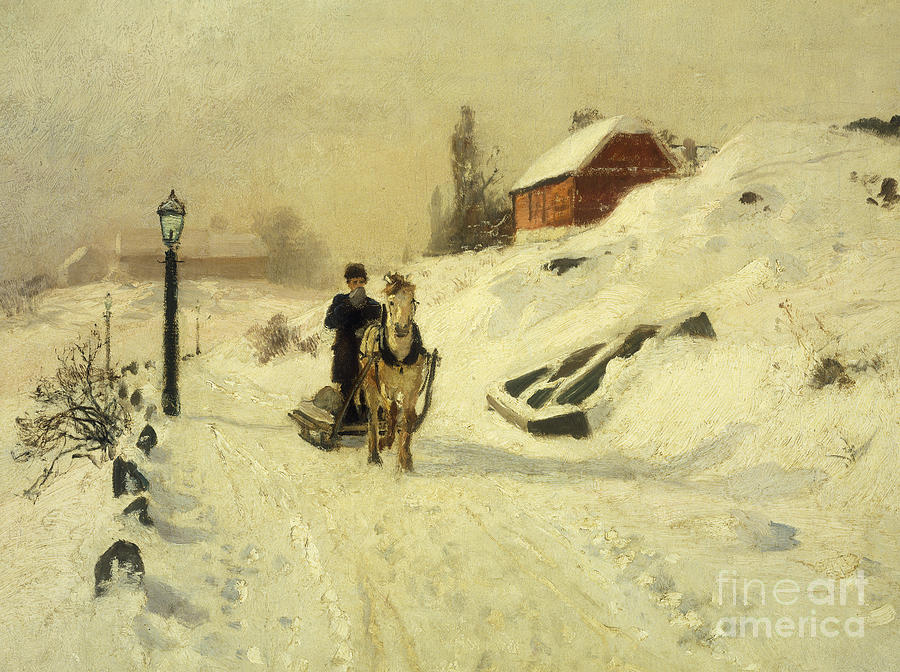 A Horse Drawn Sleigh in a Winter Landscape Painting by Fritz Thaulow