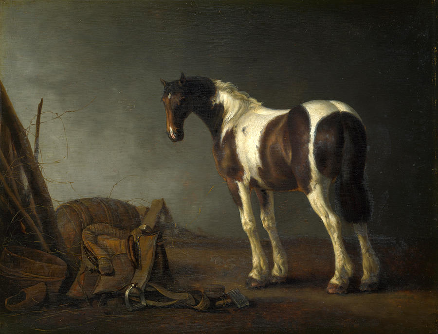 A Horse with a Saddle Beside it Painting by Abraham van Calraet