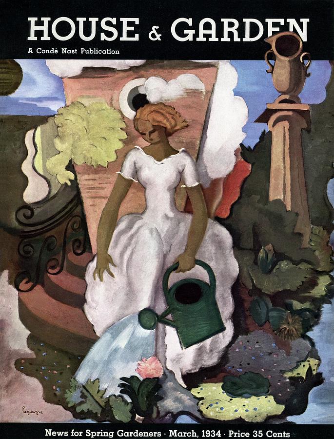 A House And Garden Cover Of A Woman Watering Photograph by Georges Lepape