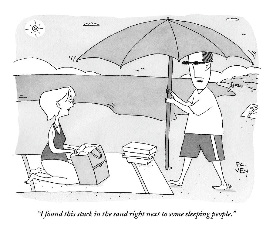 Beach Umbrella Drawing - A Husband Returns To His Wife At The Beach Having by Peter C. Vey