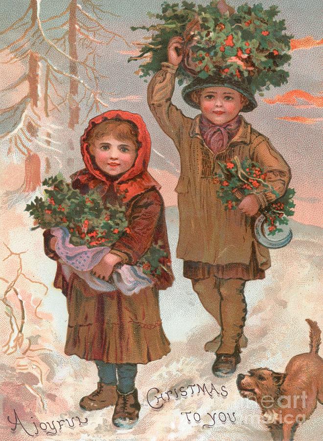 Christmas Painting - A Joyful Christmas to you   Victorian Christmas card  by English School