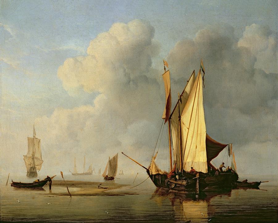 A Kaag Anchored By A Sandbank With Two Other Vessels, C.1650-59 Oil On Canvas Photograph by Willem van de, the Younger Velde