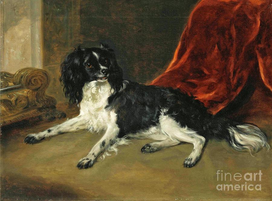 A King Charles Spaniel By A Fireplace Painting