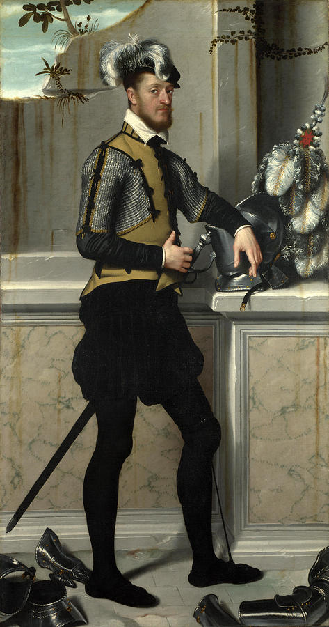 Giovanni Battista Moroni Painting - A Knight with his Jousting Helmet by Giovanni Battista Moroni