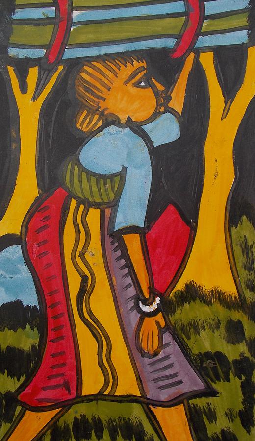Tree Painting - A Lady Carry Firewood by Okunade Olubayo