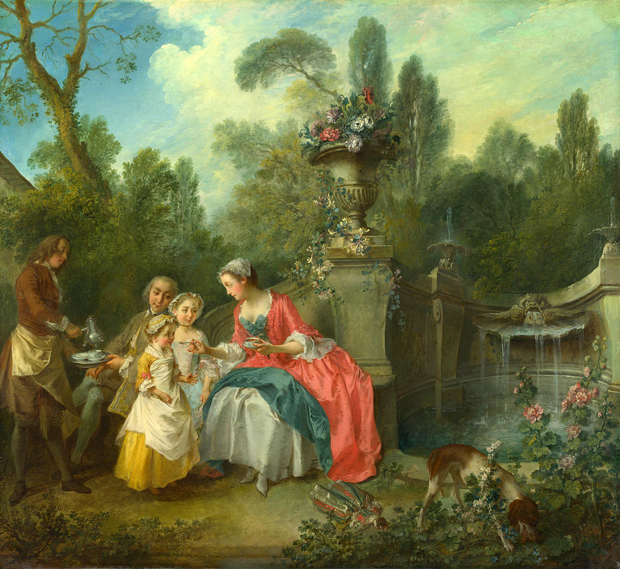 A Lady in a Garden taking Coffee with some Children Painting by Nicolas Lancret