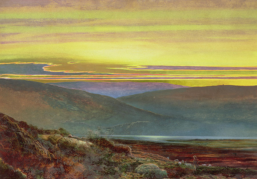 Sheep Painting - A lake landscape at sunset by John Atkinson Grimshaw