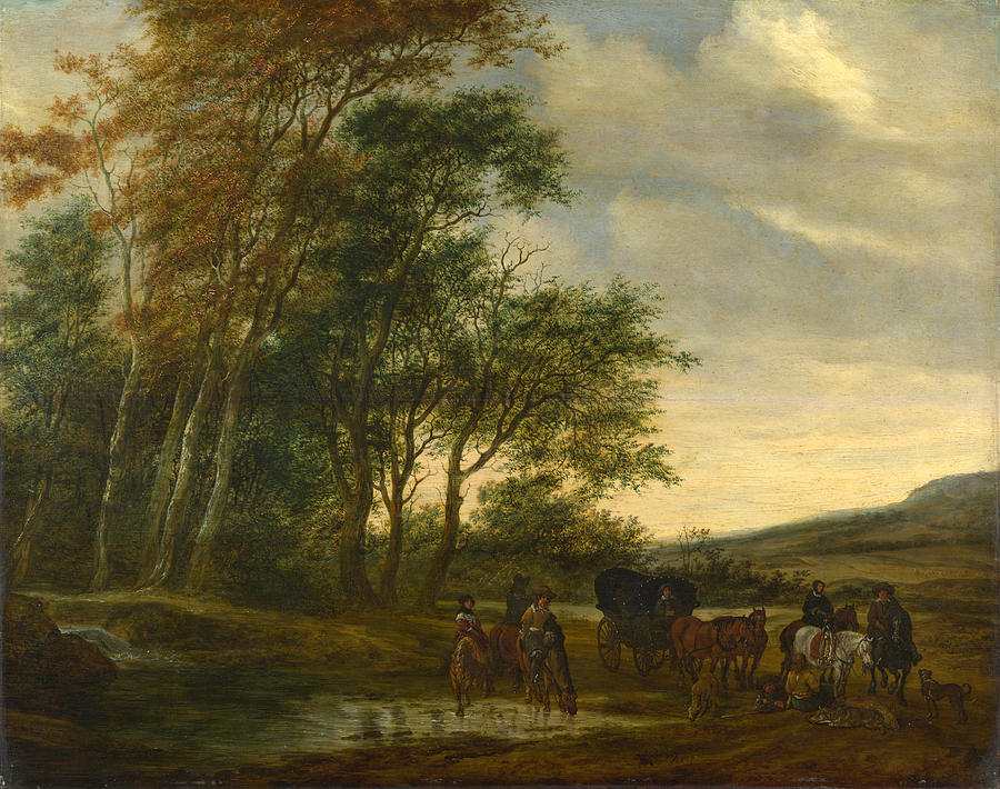 A Landscape with a Carriage and Horsemen at a Pool Painting by Salomon van Ruysdael