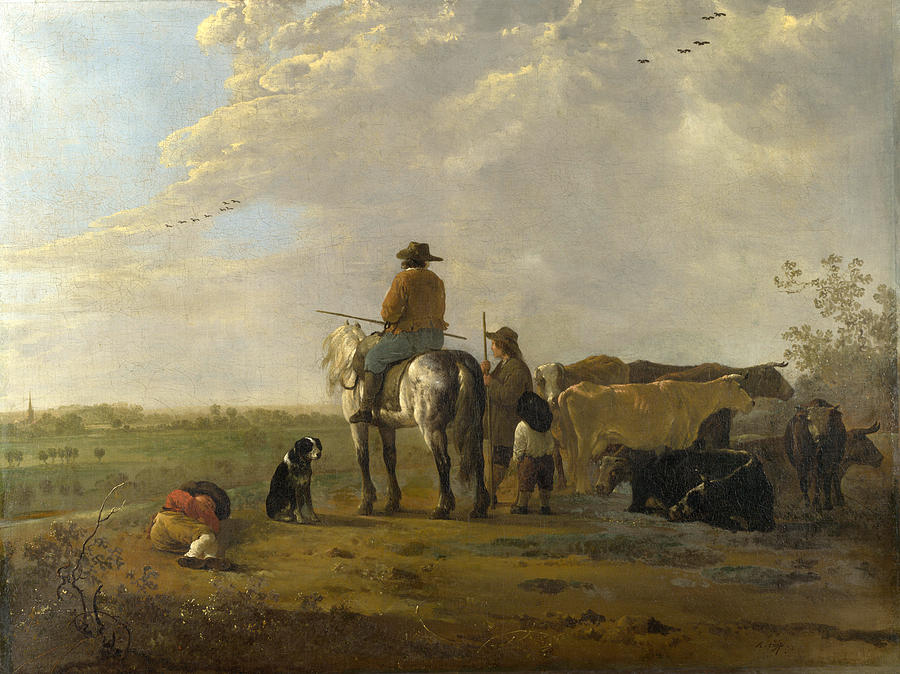A Landscape with Horseman Herders and Cattle Painting by Aelbert Cuyp