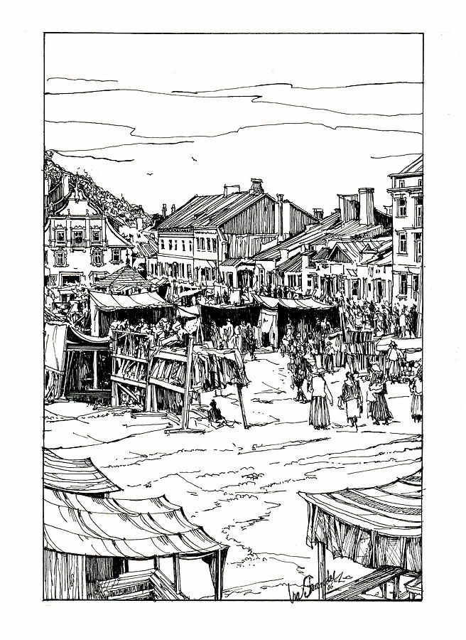 Galicia Drawing - A Little Town and Marketplace in Old Galicia by Ira Shander