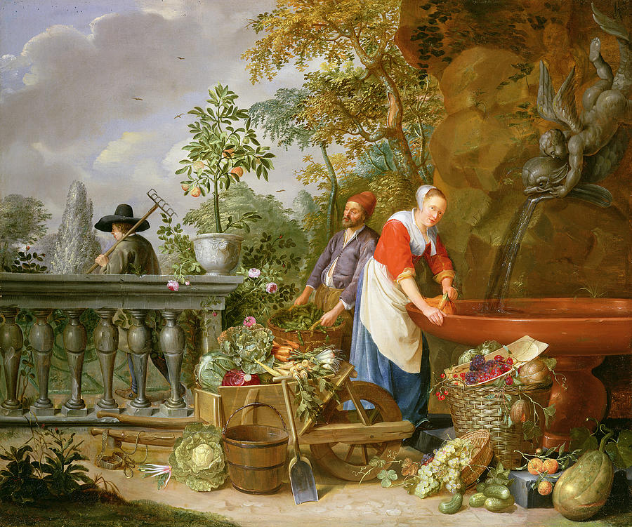 A Maid Washing Carrots At A Fountain Painting by Nicolaas or Nicolaes Muys