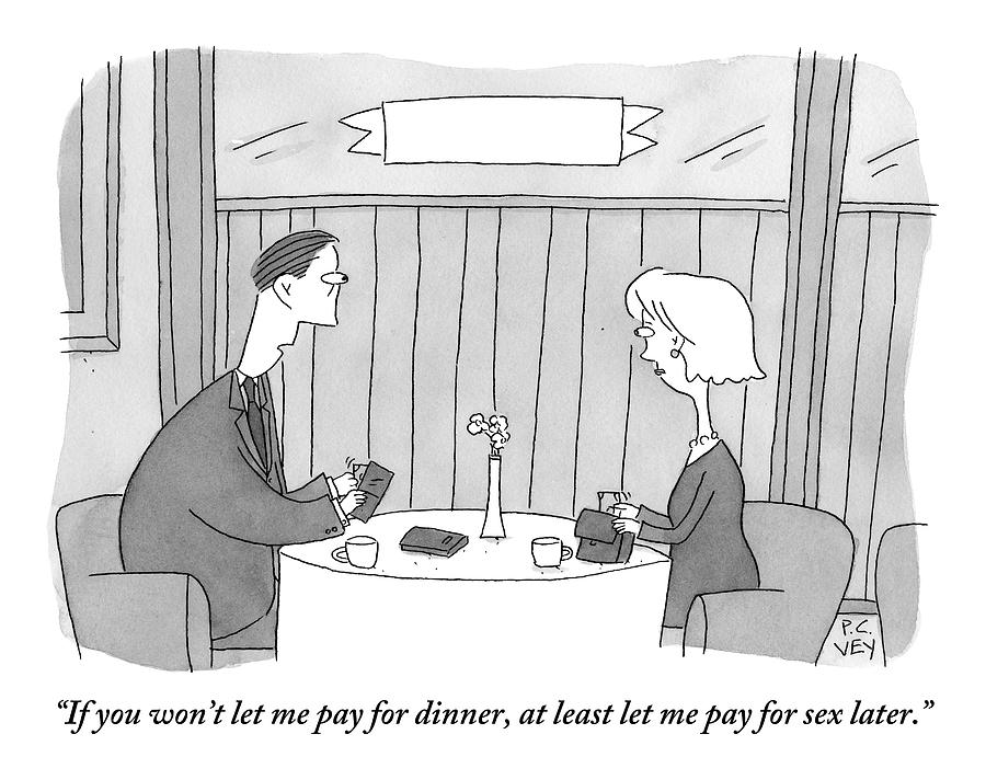 A Man Addresses His Date Who Is Offering To Pay Drawing by Peter C. Vey