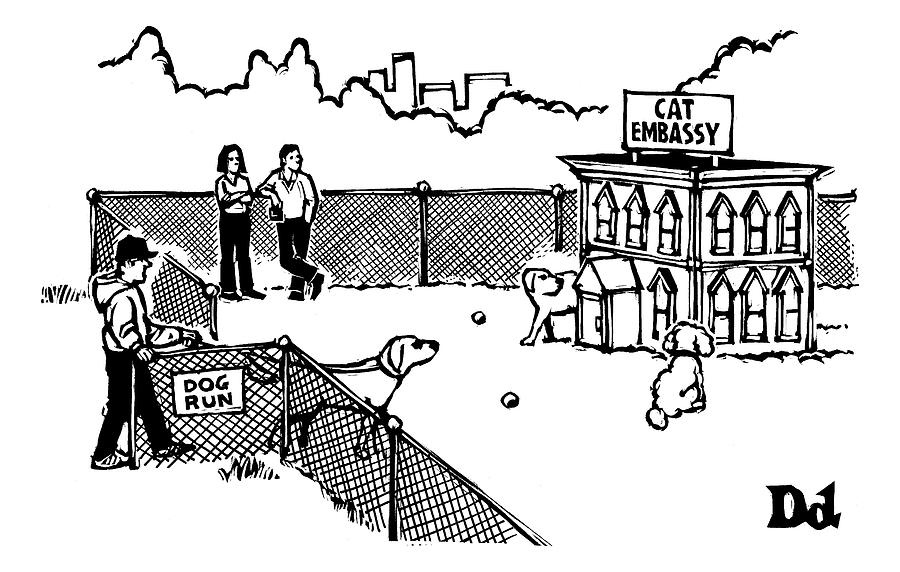 A Man And Dog Enter A Dog Run Drawing by Drew Dernavich