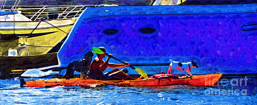 Kayak Painting - A Man His Kayak and His Dogs by Kirt Tisdale Kayak Painting - A Man His Kayak and His Dogs by Kirt Tisdale