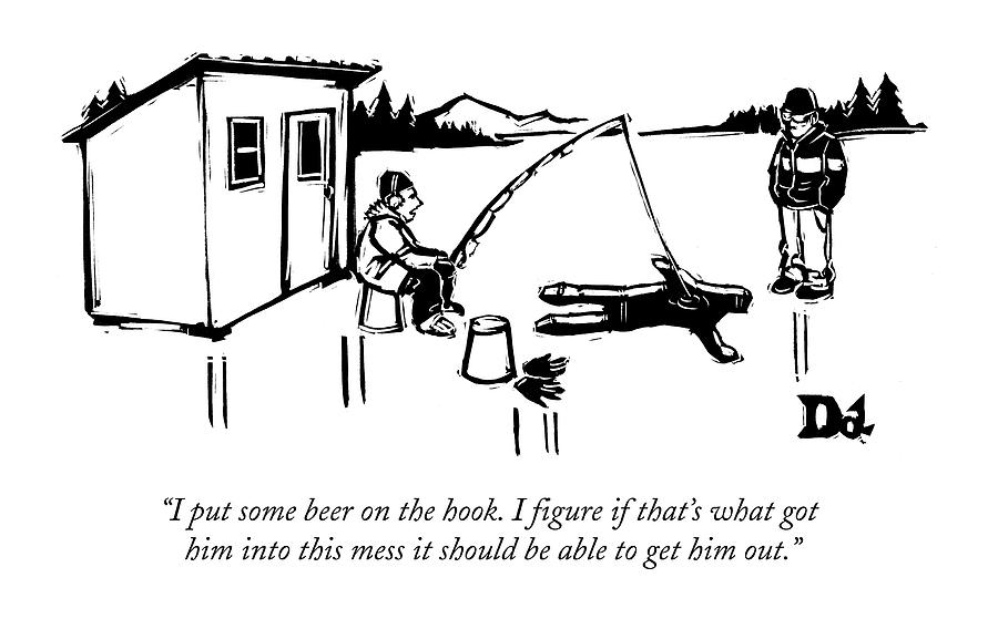 A Man Ice Fishes Through Man-shaped Hole Drawing by Drew Dernavich