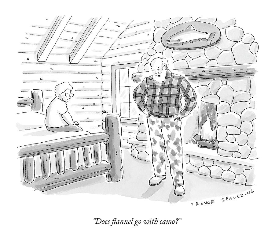 A Man In A Log Cabin Wears A Flannel Shirt Drawing by Trevor Spaulding