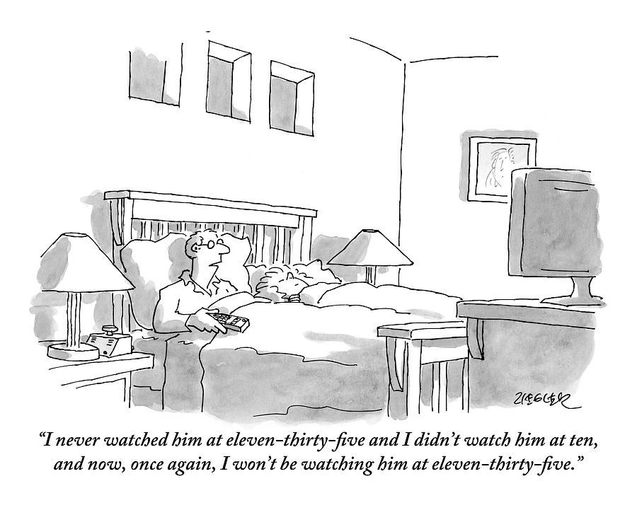 A Man In Bed Watches Late Night Tv Refers To Jay Drawing by Jack Ziegler