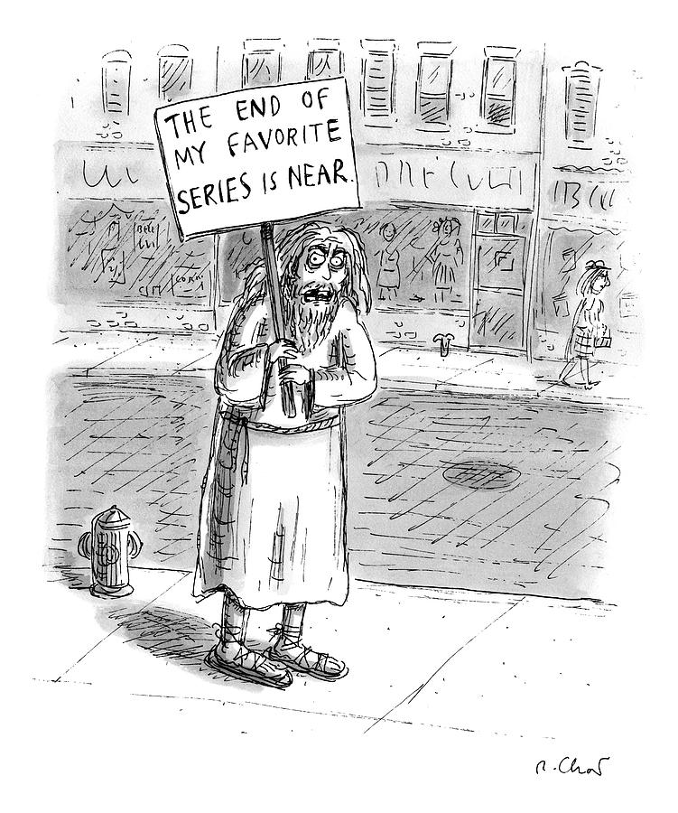 A Man In Torn Clothing On The Sidewalk Holds Drawing by Roz Chast