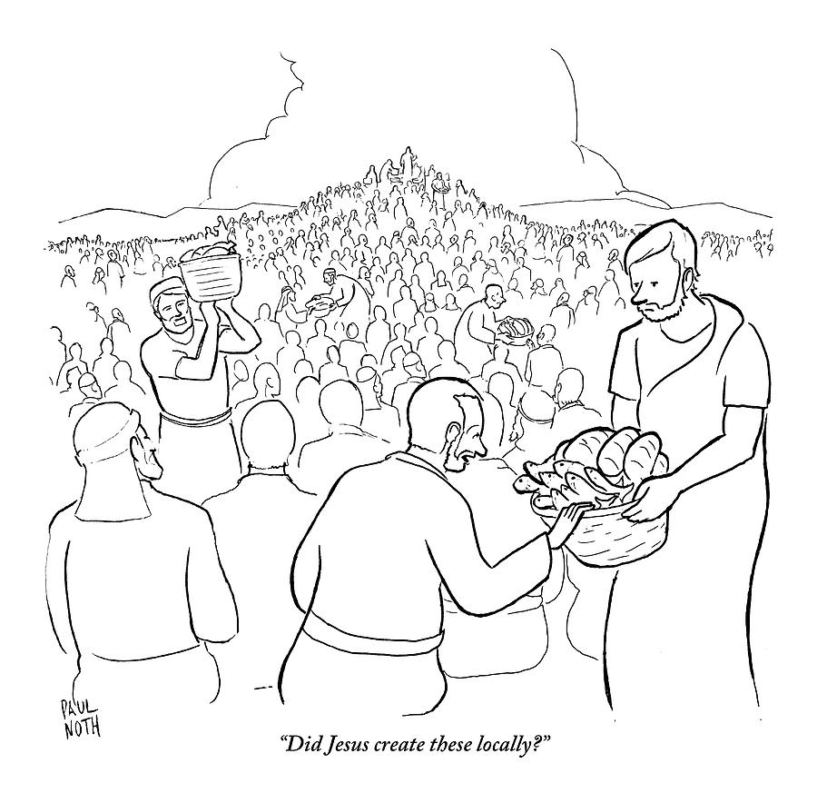 A Man Is Passing Out Loaves And Fish To A Large Drawing by Paul Noth