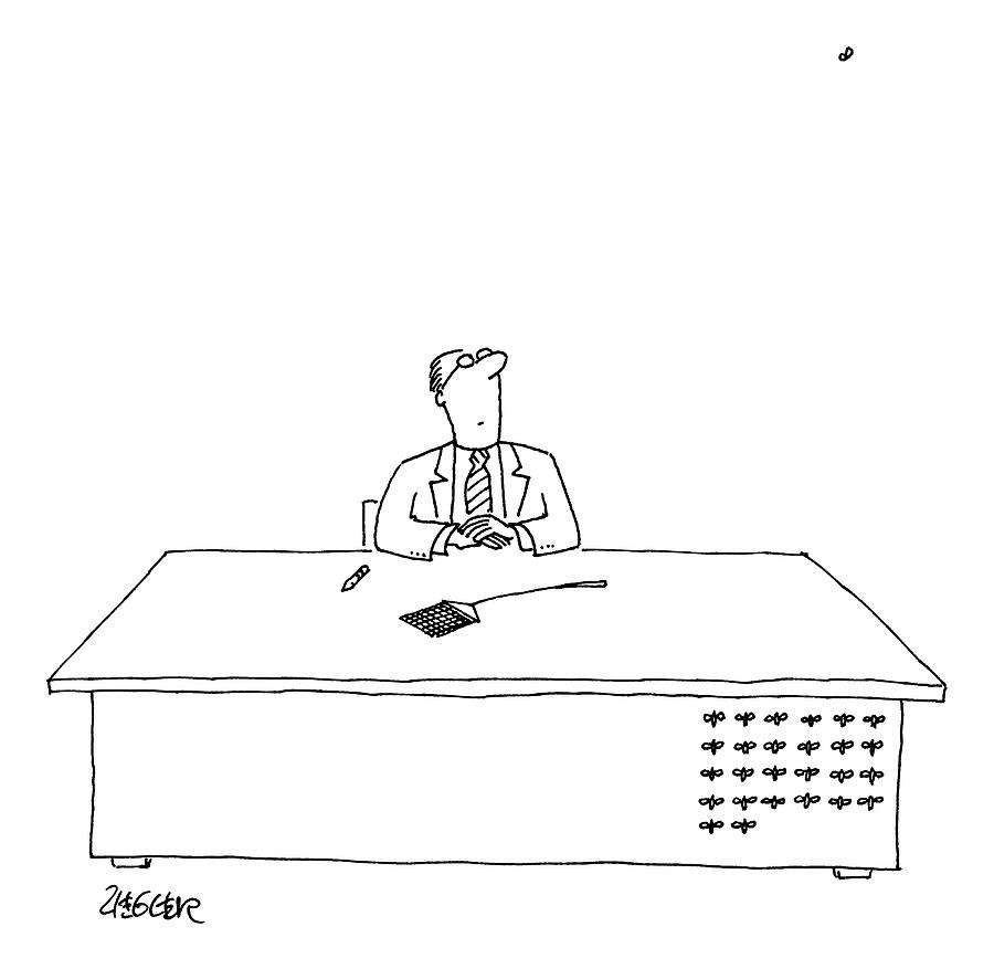 A Man Is Seated As His Desk Drawing by Jack Ziegler