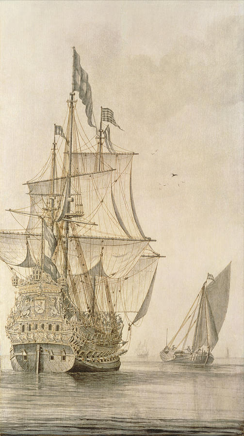 Boat Painting - A Man-o-war Under Sail Seen From The Stern With A Boeiler Nearby by Cornelius Bouwmeester