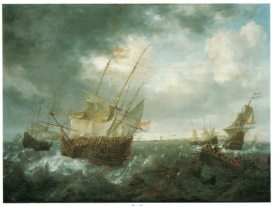 Man-of-war Painting - A Man-of-War Lowering Sails as a Storm Approaches by Jan Peeters