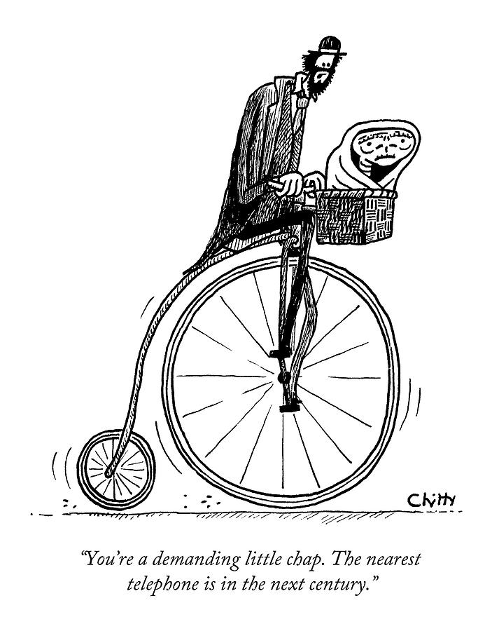 A Man On An Old Timey Bicycle Speaks To E.t Drawing by Tom Chitty