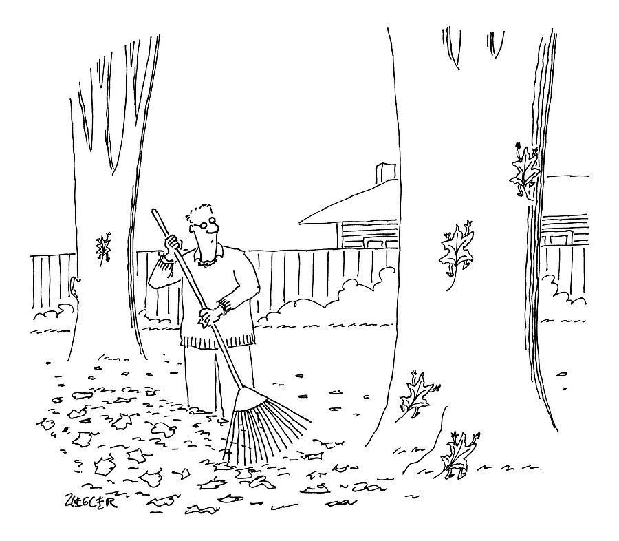 A Man Rakes Leaves While Four Leaves Scurry Drawing by Jack Ziegler