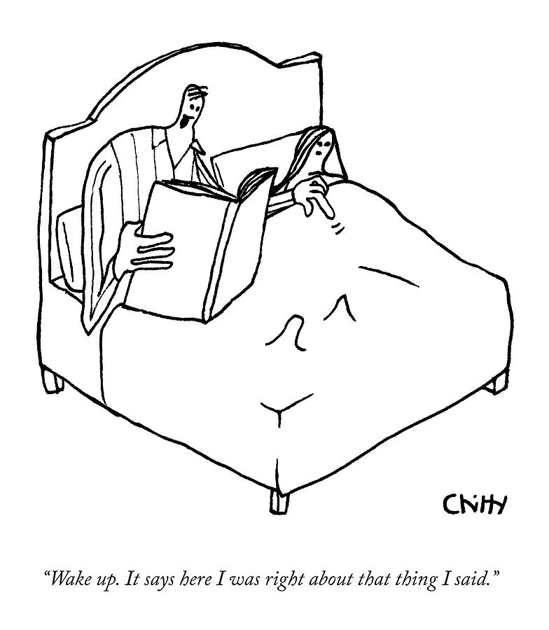 A Man Reading A Book Nudges His Wife In Bed Drawing by Tom Chitty