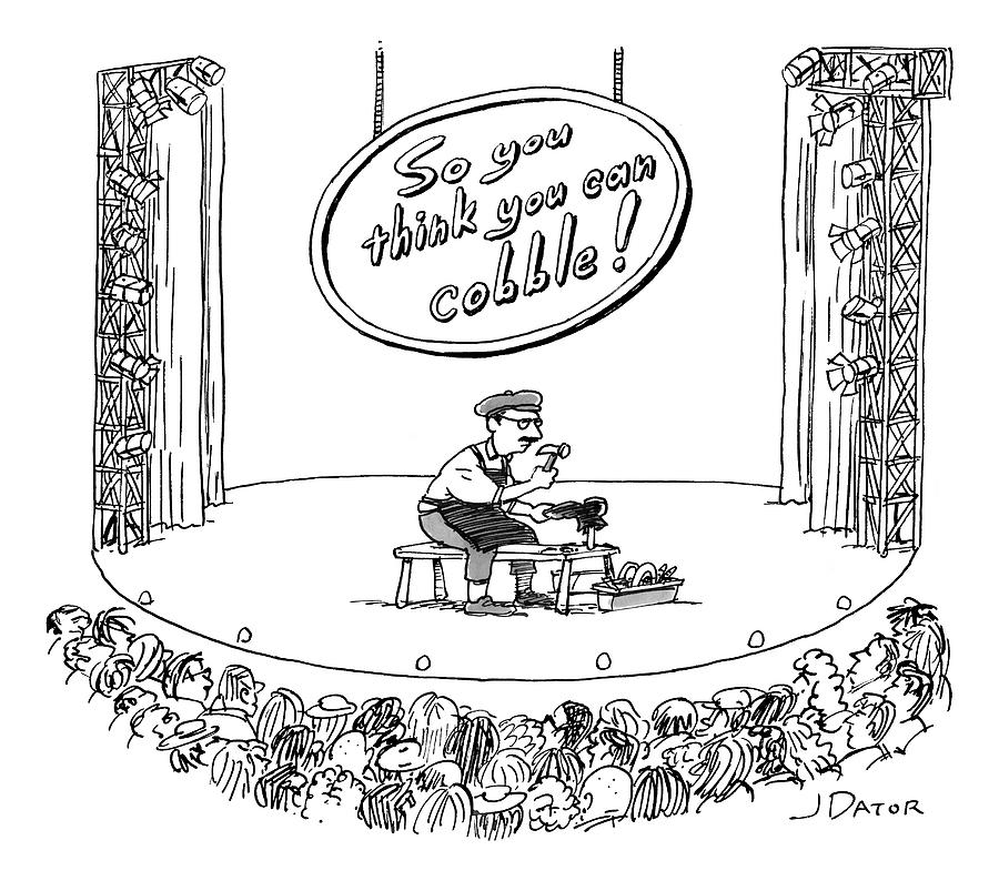 A Man Sits On Stage Repairing Shoes In Front Drawing by Joe Dator