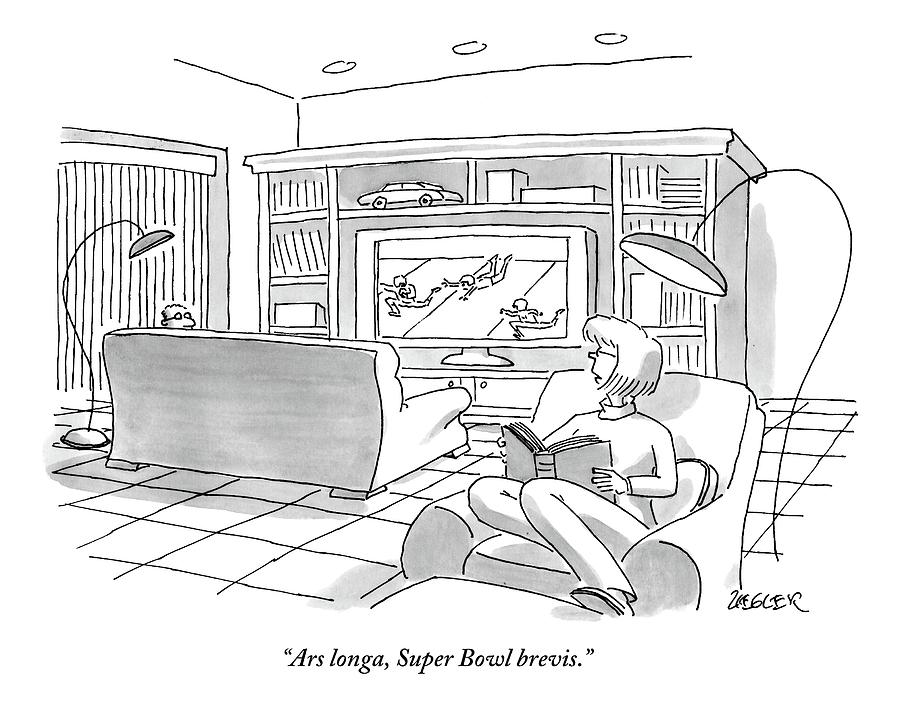 A Man Sitting On A Couch Watching The Super Bowl Drawing by Jack Ziegler