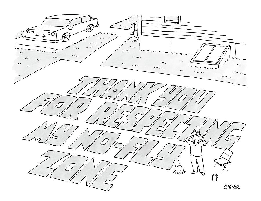 Airplane Drawing - A Man Stands In His Back Yard Where The Words by Jack Ziegler