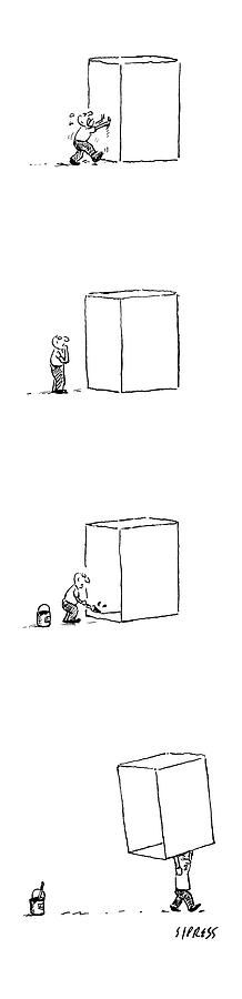 A Man Struggles To Move A Box. He Draws A Line Drawing by David Sipress