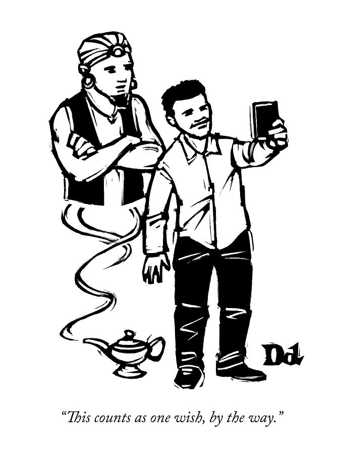 A Man Takes A Cell Phone Selfie With A Genie Drawing by Drew Dernavich