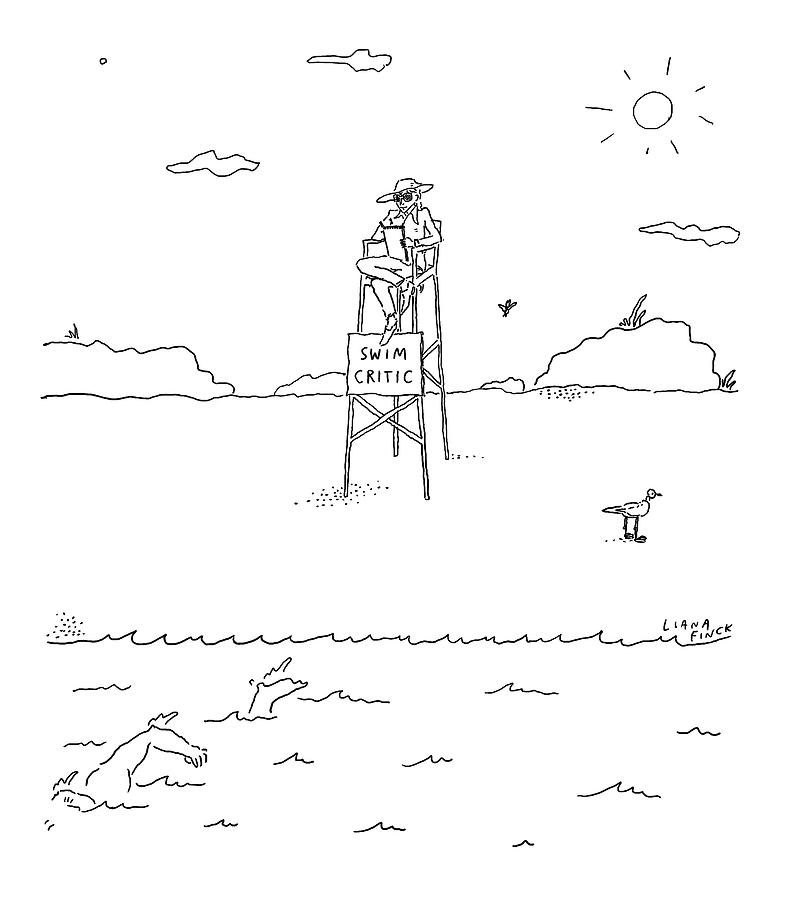 A Man With A Notebook Sits In A Lifeguard Chair Drawing by Liana Finck