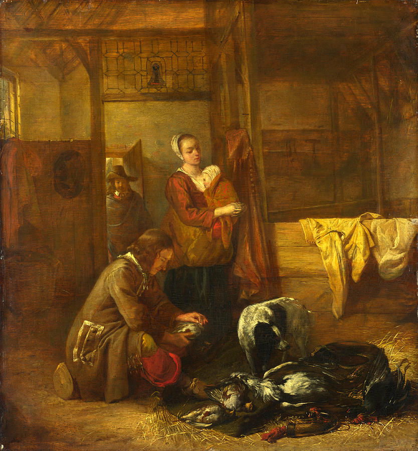 A Man with Dead Birds and Other Figures in a Stable Painting by Pieter de Hooch
