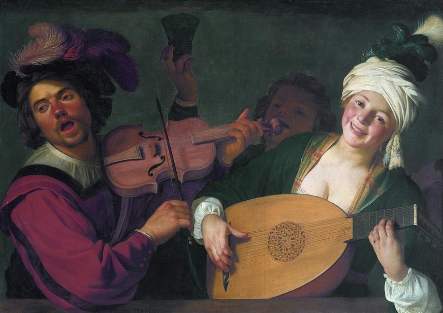 Portrait Painting - A merry group behind a balustrade with a violin and a lute player by Gerard van Honthorst