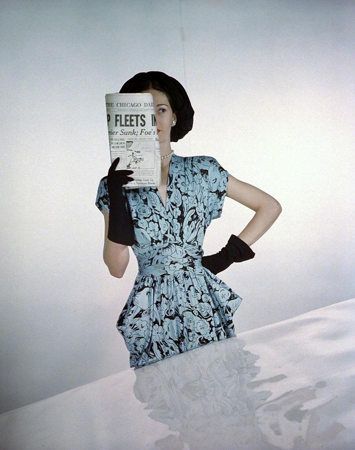 Pattern Photograph - A Model Wearing A Floral Blue Dress by Constantin Joffe