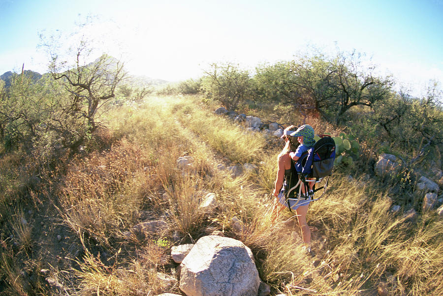 A Mom Hikes With Her Son In A Backpack Photograph By Randy Barnes