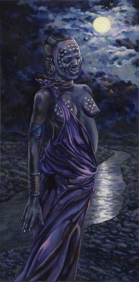 African Painting - A Moonlit Moment by Dennis Goff
