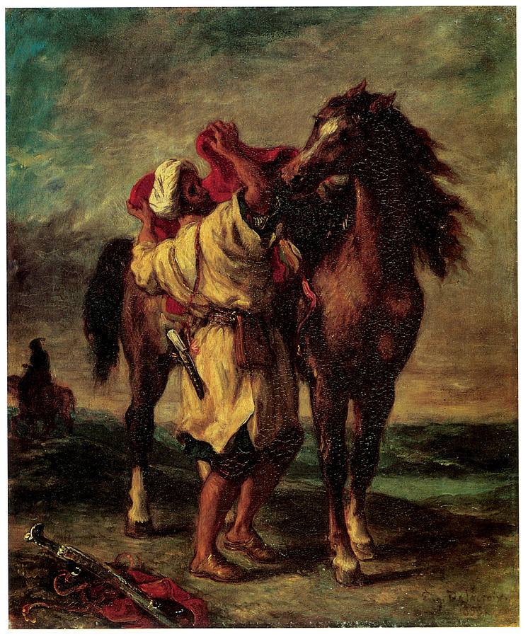 Eugene Delacroix Painting - A Moroccan Saddling a Horse by Eugene Delacroix