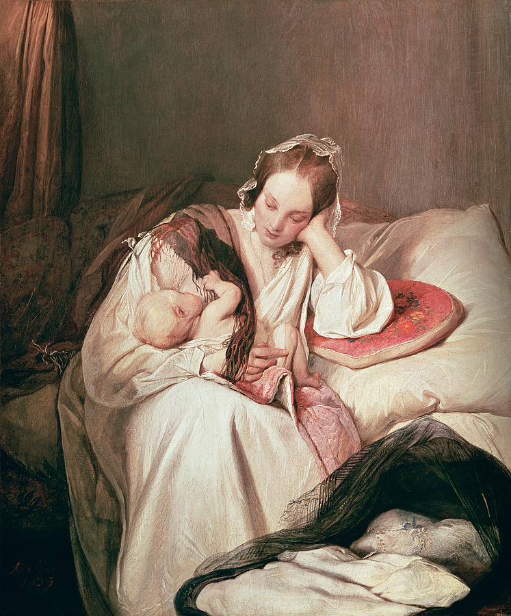 Bed Photograph - A Mothers Love, 1839 by Josef Danhauser