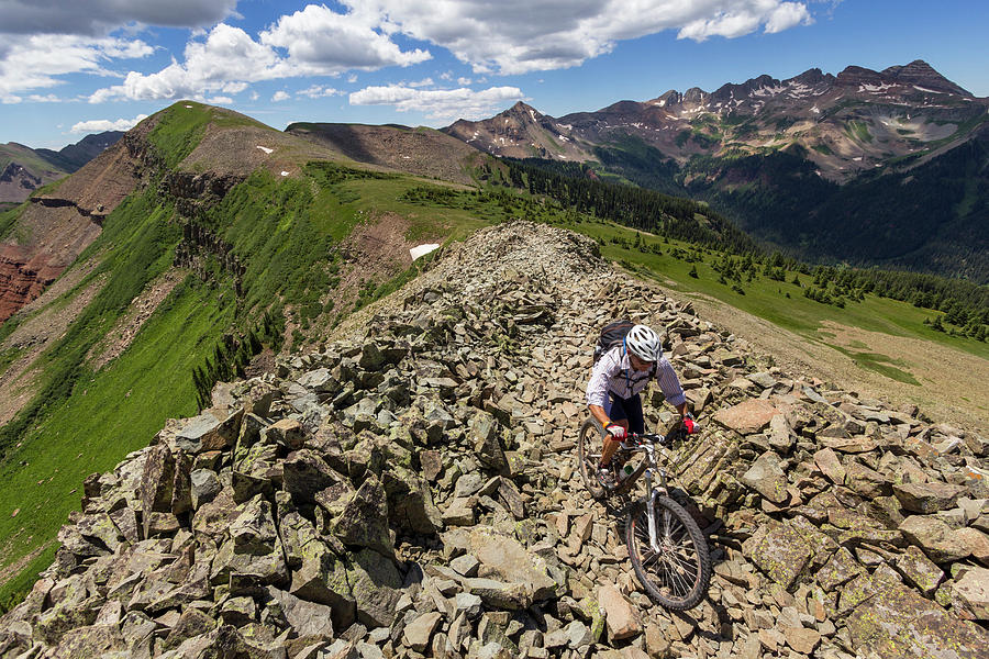 Bicycle Photograph - A Mountain Biker Rides On A Rocky Trail by Whit Richardson