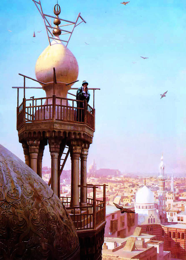 A muezzin calling from the top of a minaret the faithful to prayer Painting by MotionAge Designs