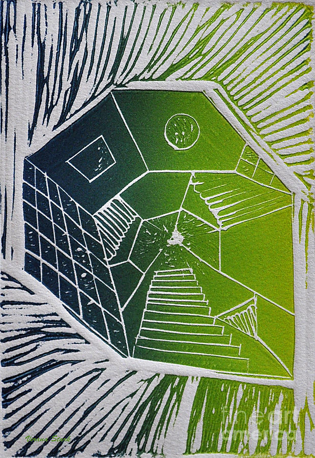 A New Dimension blue and green linocut Mixed Media by Verana Stark