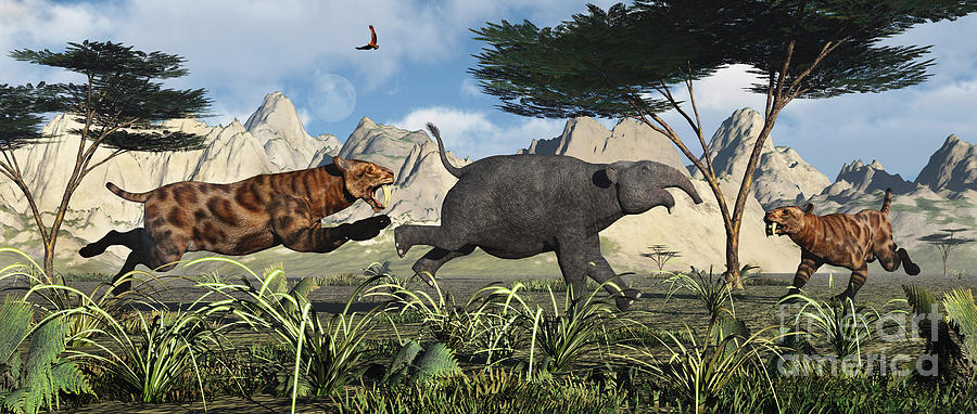 Wildlife Digital Art - A Pair Of Sabre-toothed Tigers Chasing by Mark Stevenson